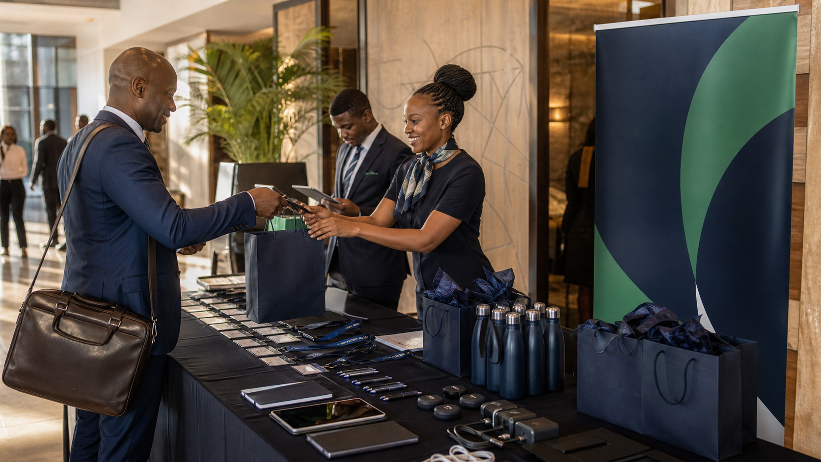 corporate welcome packs with supplied gadgets and a roll-up banner