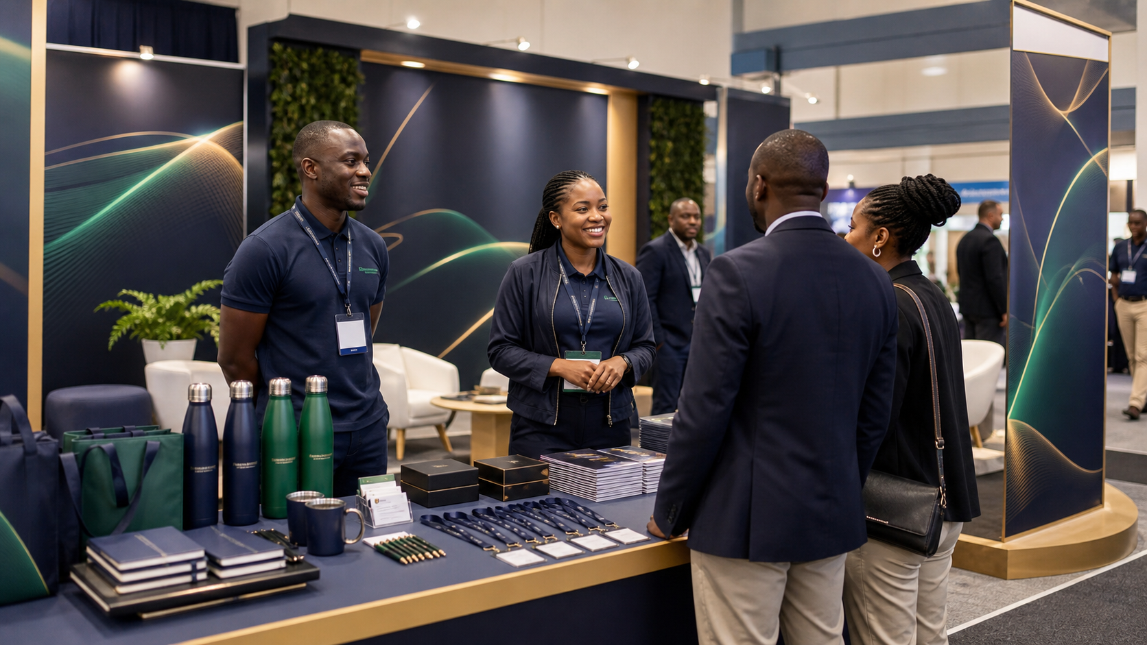 Corporate exhibition stand with branded apparel, promotional gifts, brochures, lanyards, lead cards and display signage