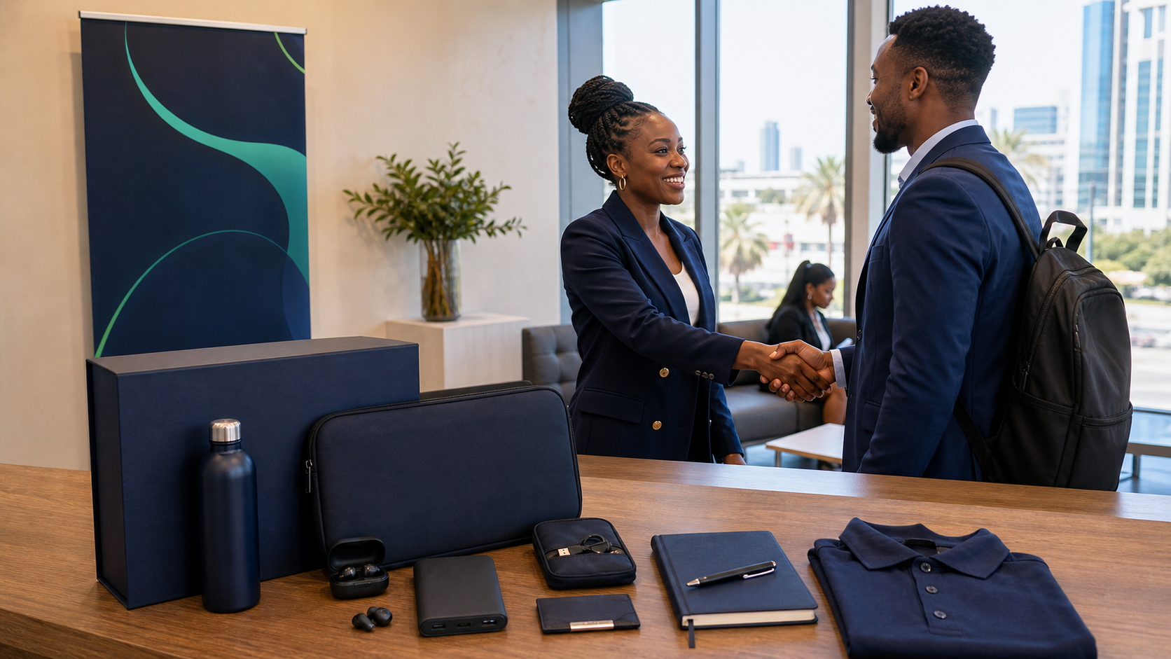 professionals receiving a premium corporate welcome kit with supplied gadgets and a display banner